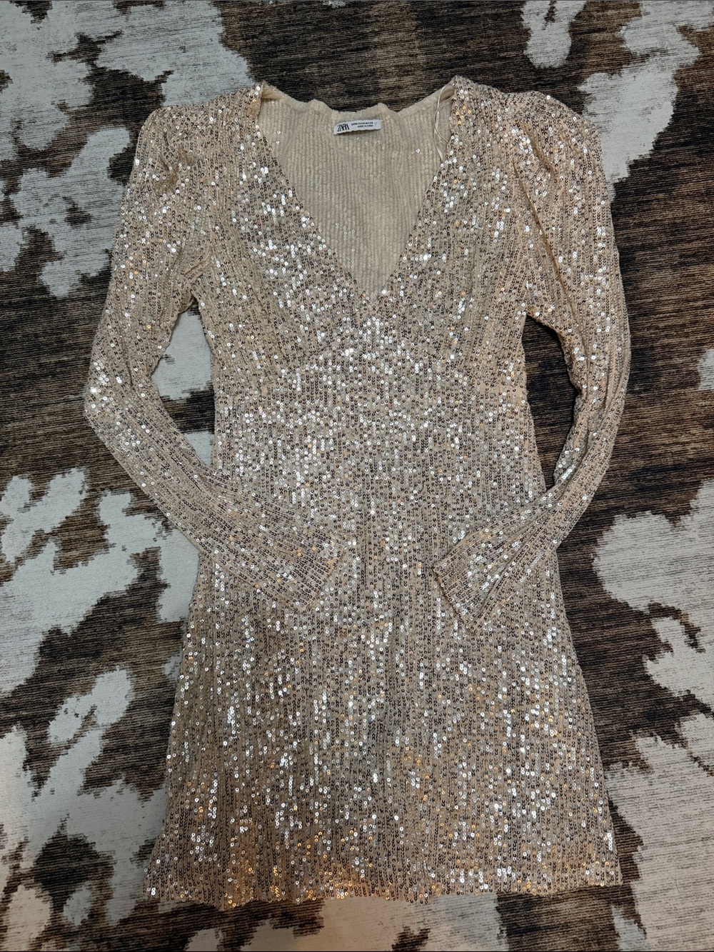 ZARA Sequin Mesh V-Neck Long Sleeve Mini Dress